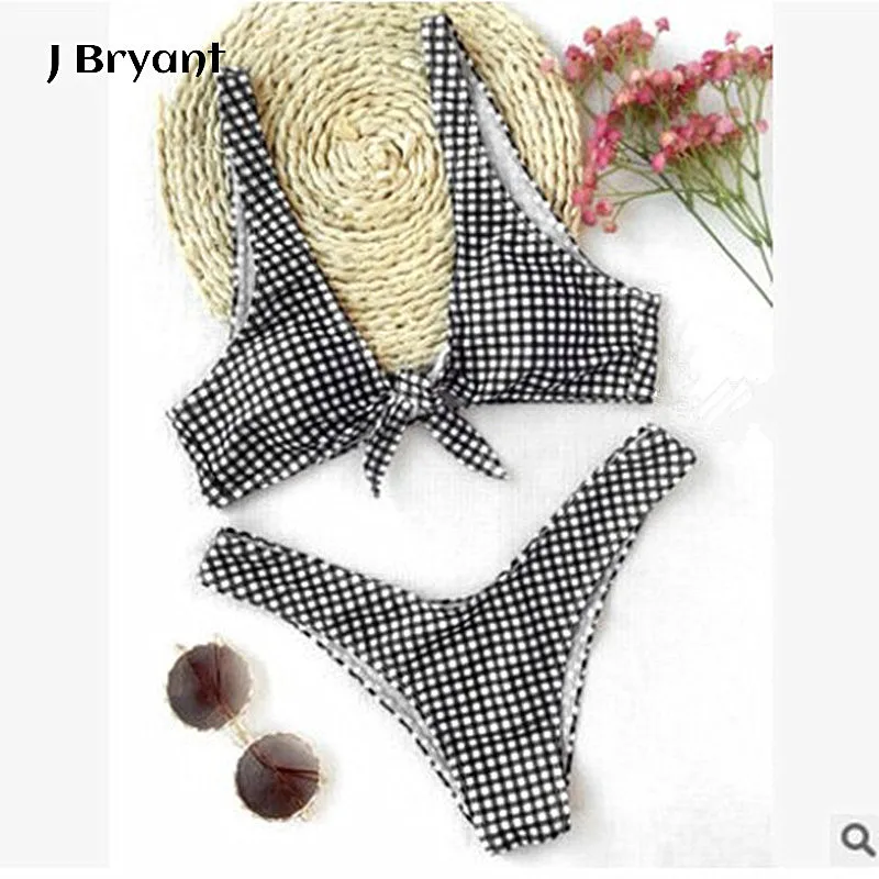 

Newest Frill Gingham Self Tie Bikini Set Swimsuit Swimwear Women Push Up 2017 Lattice Print Thong Female Beachwear With Pad