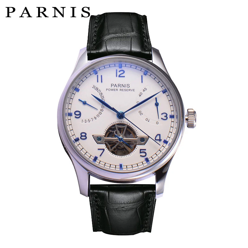 

43mm Mechanical Automatic Watch Mens Parnis Power Reserve Tourbulon Auto Date Seagull Watch Brown Leather Casual Business Watch