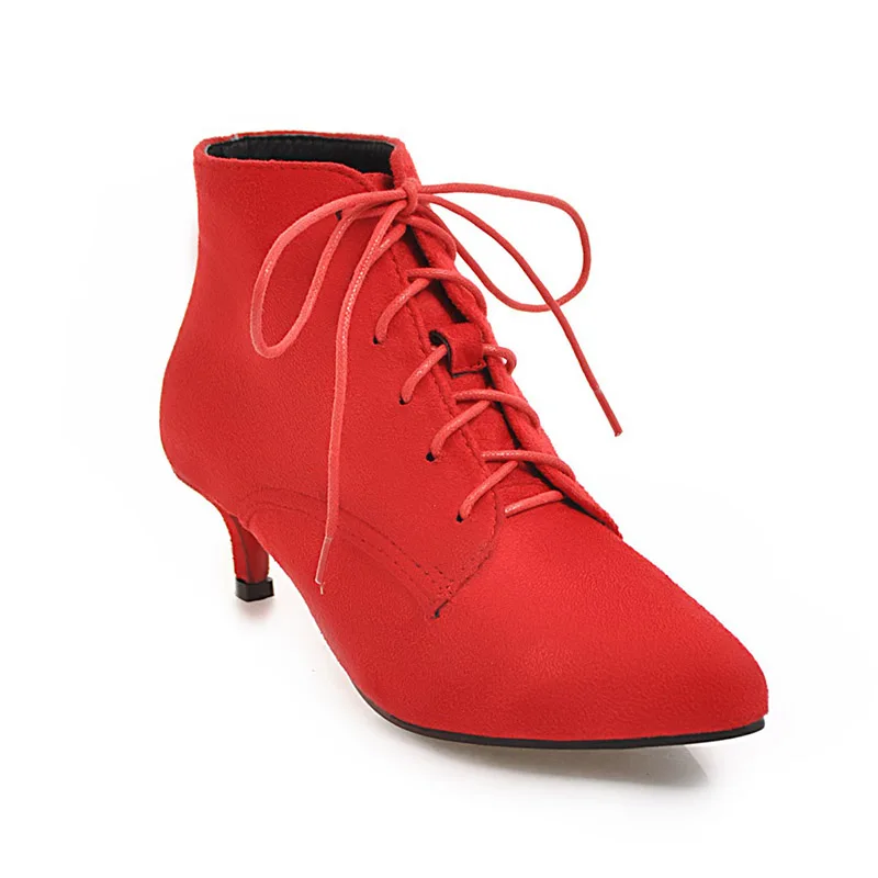 Женские ботинки на шнуровке цвета хаки г. Новая женская обувь больших размеров, женская обувь с острым носком на тонком среднем каблуке флок PHOENTIN PH061 - Цвет: Красный