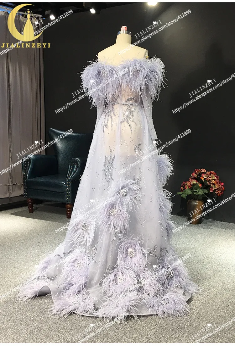 JIALINZEYI Реальный образец изображения Zuhiar Murad Фиолетовый Длинные рукава с плеча Бисер с перьями от платья вечерние платья