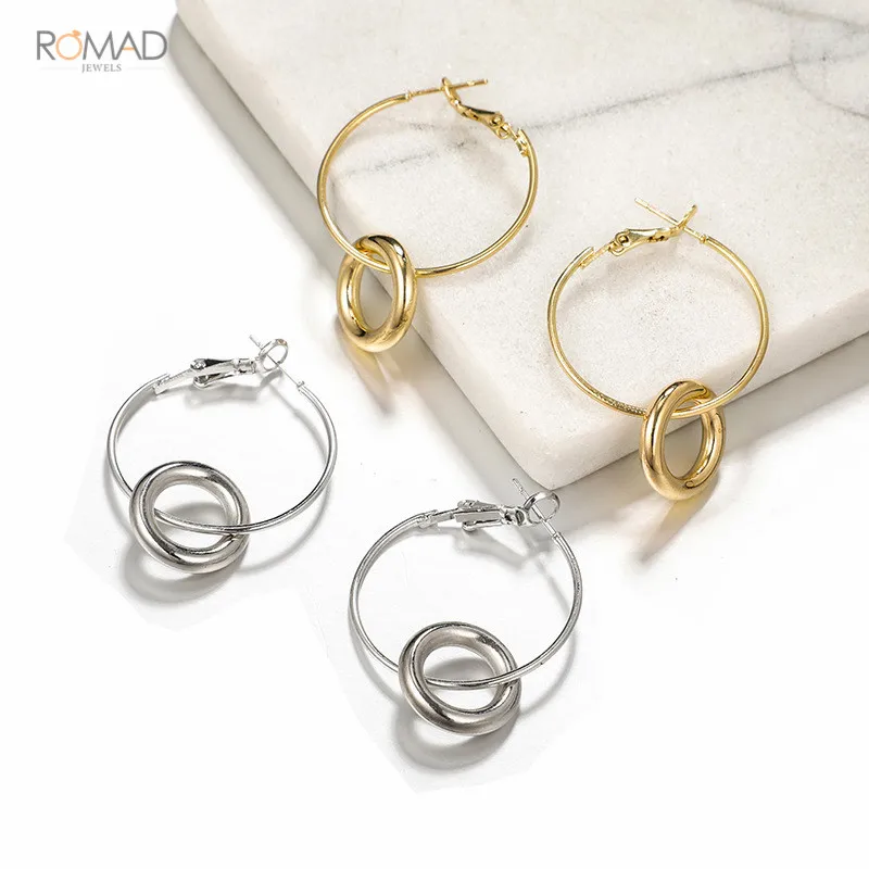 

Romad Trendy Big Smooth Circle Hyperbole Earrings Gold Silver Color Geometric Double Circle Earring For Women