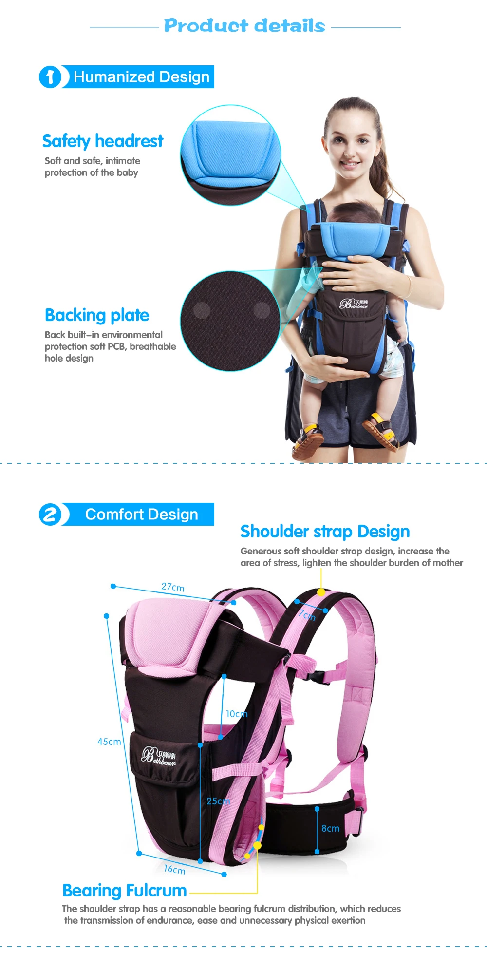 _06New Beth Bear 0-30 Months Breathable Front Facing Baby Carrier 4 in 1 Infant Comfortable Sling Backpack Pouch Wrap Baby Kangaroo