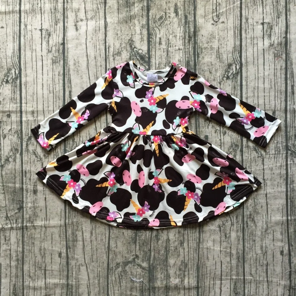 

new arrivals fall/winter baby girls dress long sleeves black white unicorn mouse print milk silk clothes boutique kids wear