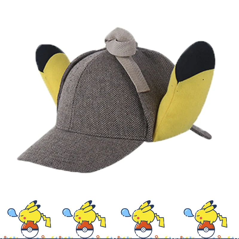 

Cool Movie Pokemon Pikachu Plush Detective Hat With 3D Ears Movie Cosplay Role Play Baseball Cap Toys Gift Adjustable Size
