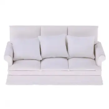 

1:12 Dollhouse Miniature Furniture Three-Seater Couch Sofa Pillow Set White