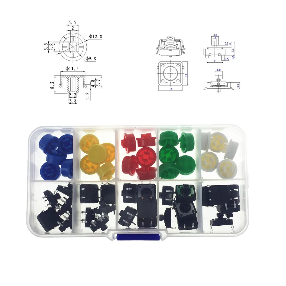 

25PCS Tactile Push Button Switch Momentary 12*12*7.3MM Micro Switch Button + 25PCS Tact Cap(5 colors) with Plastic Box