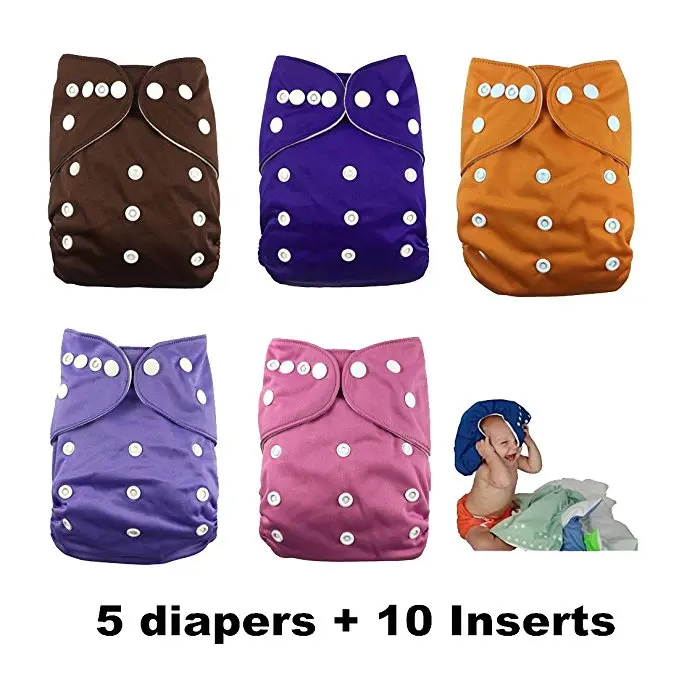 

Naughty Baby Washable and Reusable Cloth Diapers (5 Diaper Covers + 10 Inserts) - Adjustable Snap One Size Cloth Pocket Diapers