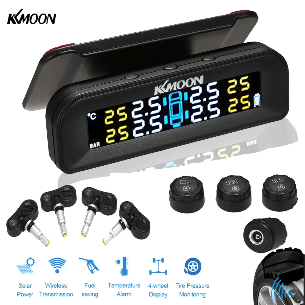 

KKmoon TPMS tire pressure sensor Monitoring System Wireless Real-time Solar Energy LCD Display 4 External Sensors Alarm Function