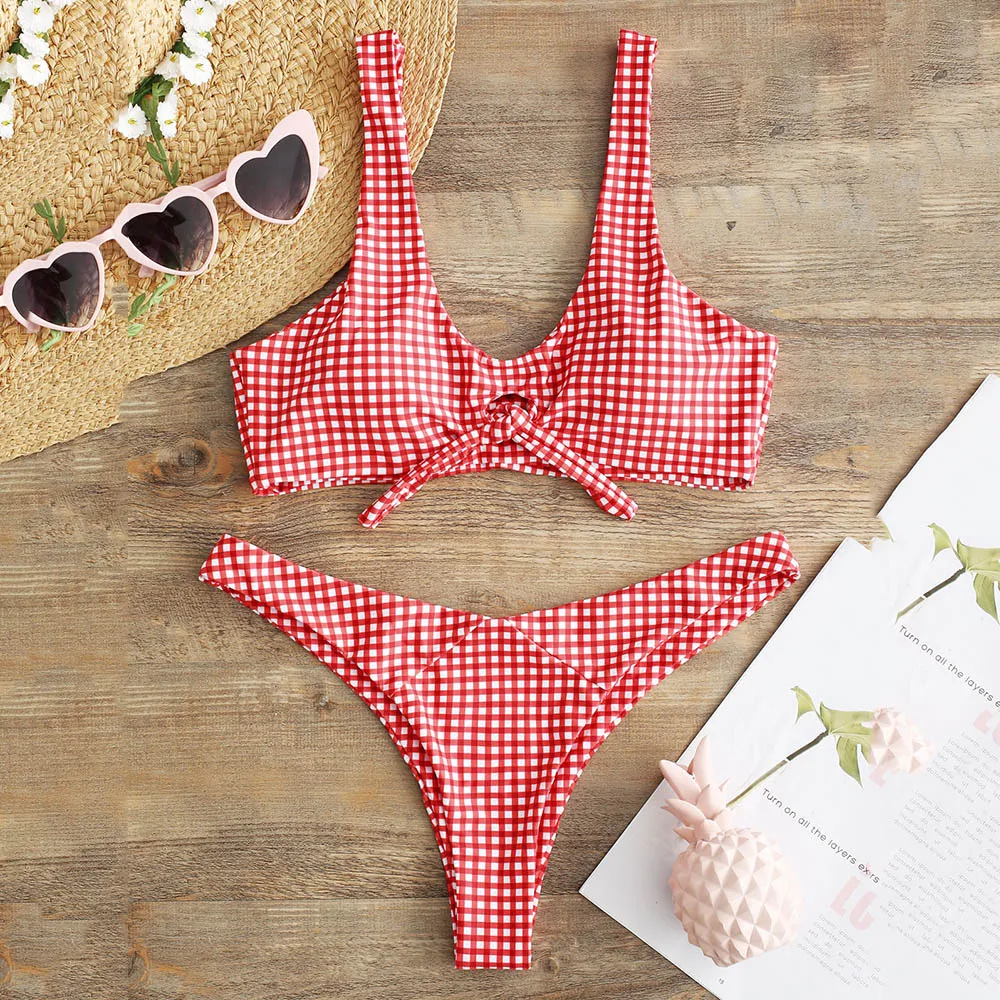 

ZAFUL Plaid Bikini Knotted Padded Thong Bikini Set Women Swimwear Swimsuit High Cut Bathing Suit Brazilian Biquni Set Sportswear
