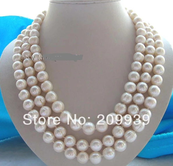 

Free shipping 003137 3Rows Natural 11-12mm White Pearl Necklace 14