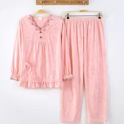 Свободные милые удобные оборками для девочек пижамный комплект из хлопка с длинными рукавами штаны с эластичной резинкой на талии Для