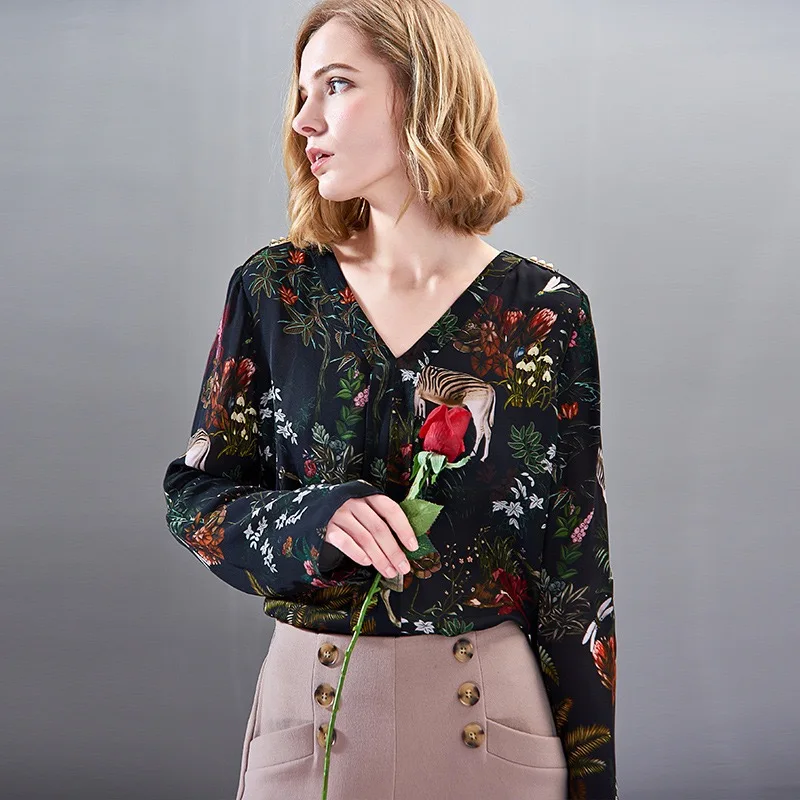 

2019 Spring Gloria&Grace Original Black 100% Silk Elegant Flowers Animal Pattern Print Office Lady Oversize Blouse Shirt XXL