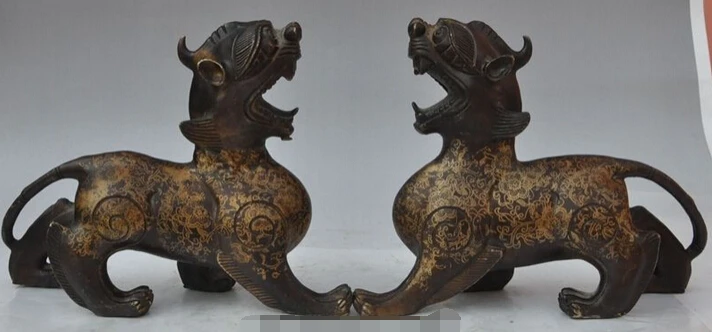 

007085 10" chinese fengshui bronze animal pixiu beast Evil spirits Unicorn statue pair