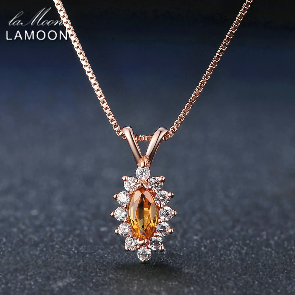 LAMOON Amber Pendant Necklace 925 Sterling Silver Fine Jewelry Horse Eye Shape Natural Citrine Women Pendants Necklaces Collares
