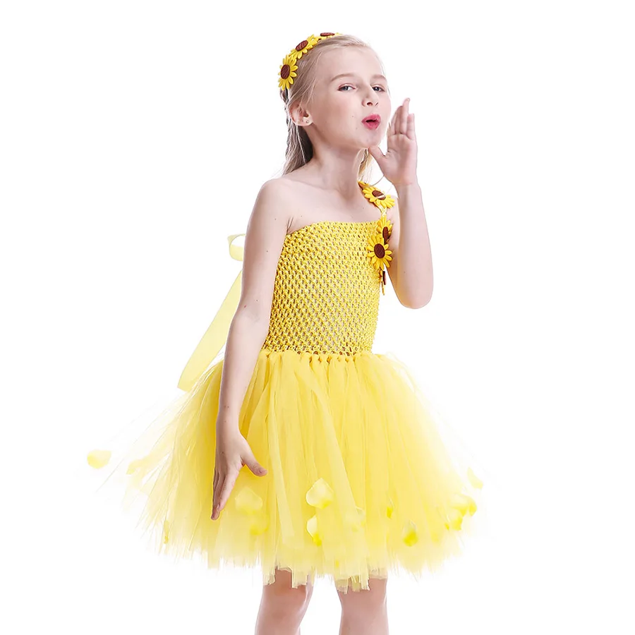 Baby Girls Sunflowers Summer Tutu Dress with Hair Hoop Kids Princess Yellow Tulle Costume (9)