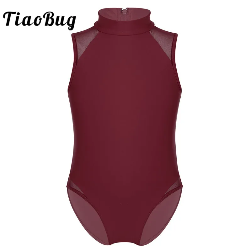 

TiaoBug Kids Teens Mesh Splice Sleeveless Ballet Leotard Dance Costume Child Girls Back Zipper Gymnastics Leotard Gym Bodysuit