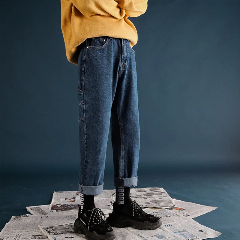

2018 Korean Style Men's Fashion Baggy Cargo Pocket Jeans Black/blue Casual Straight Pants Biker Denim Loose Trousers M-2XL