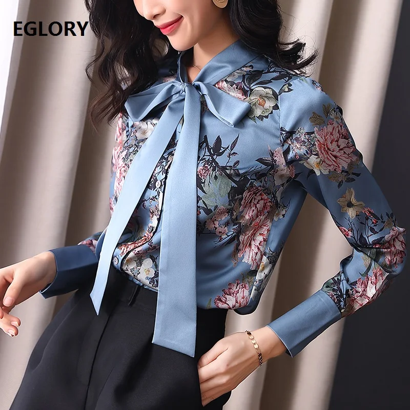 

High Quality Brand Blouse Shirt 2019 Spring Summer Elegant Blouse Women Bow Collar Beautiful Floral Print Long Sleeve Shirt Blue