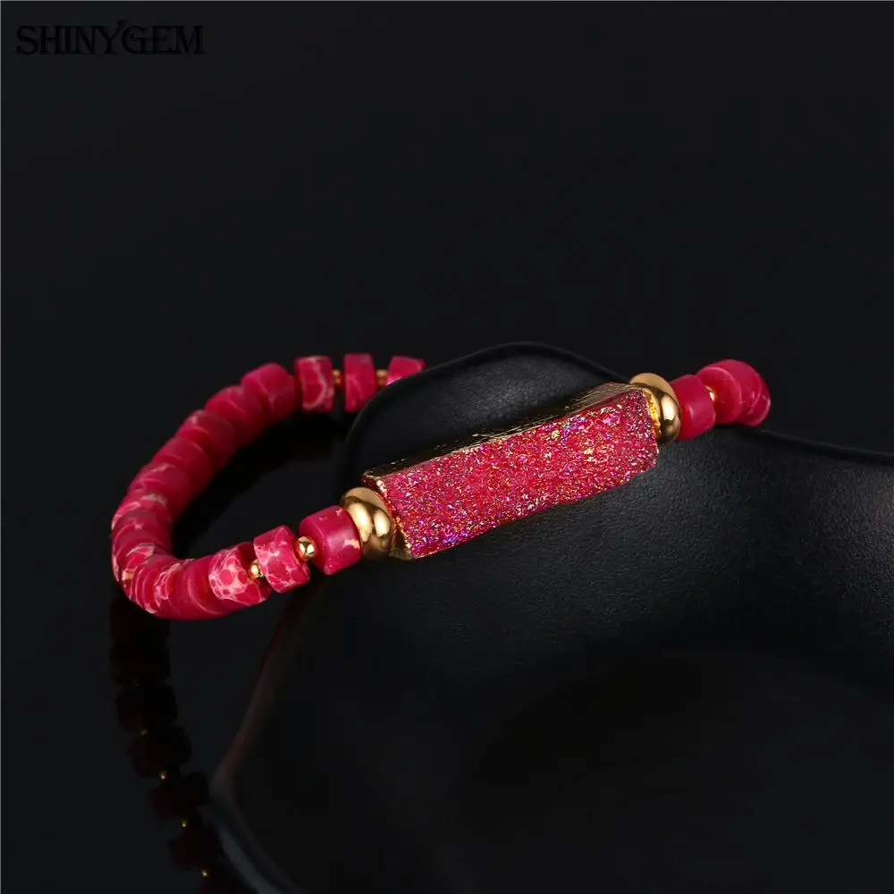 ShinyGem ручной работы DIY Розовый Красный морской осадочный Rondelle браслет из бисера Мода золотое покрытие прямоугольная Друза камень браслет для женщин