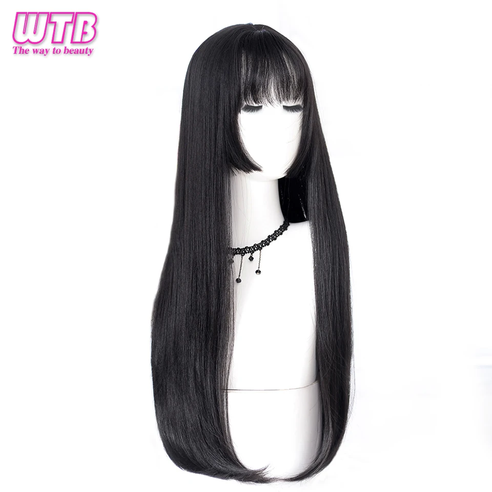 Pelucas sintéticas negras de pelo lacio largo WTB para mujer moda femenina Cosplay fiesta pelucas de Navidad regalos gratis Pelucas sintéticas negras de pelo lacio largo WTB para mujer moda femenina Cosplay fiesta pelucas de Navidad regalos gratis