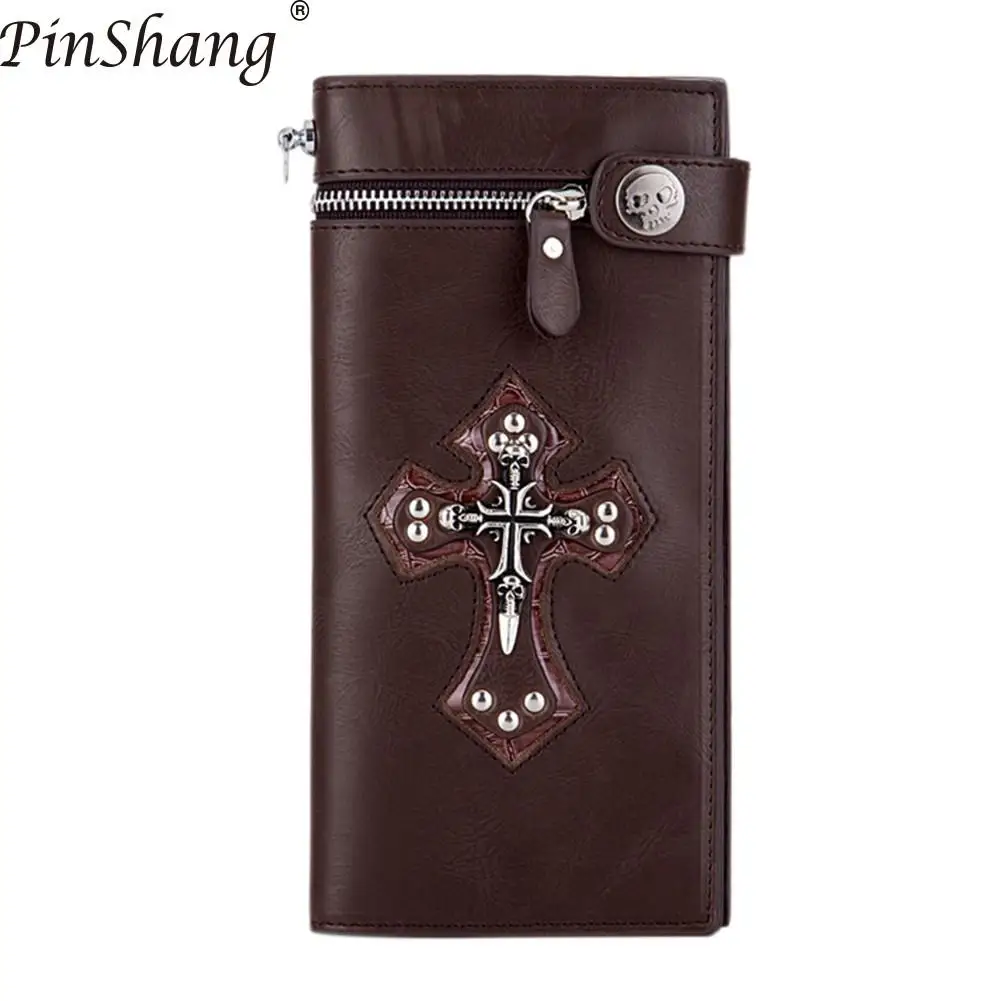 

PinShang Stylish Men Wallet Retro Metal Skull Cross Long-Style Leisure Business Wallet Money Clip with Chain Wallet & Purse Z30