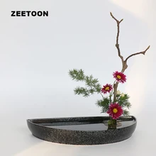 Черный дзен Винтаж грубая керамика полукруг японский цветочный горшок мелкий поднос гидропоники плоские контейнеры Настольный цветочный горшок вазы