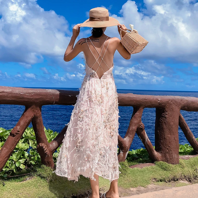YOSIMI летнее женское платье кружевное Макси длинное пляжное платье без рукавов с открытой спиной Сексуальное Женское бежевое богемное платье для отдыха
