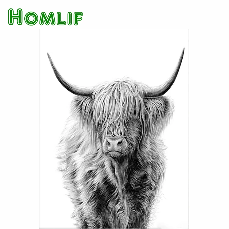

HOMLIF 5d DIY Diamond Embroider"Black White Highland Cow"Full square Diamond Painting Cross Stitch animal,Diamond Mosaic,Nordic