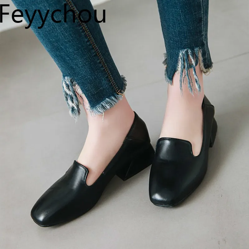 

Women Pumps Med Heels Spring Autumn Square Toe Slip on Thick Heel Pu 2019 Sexy New Fashion Casual Yellow White Big Size 34-48