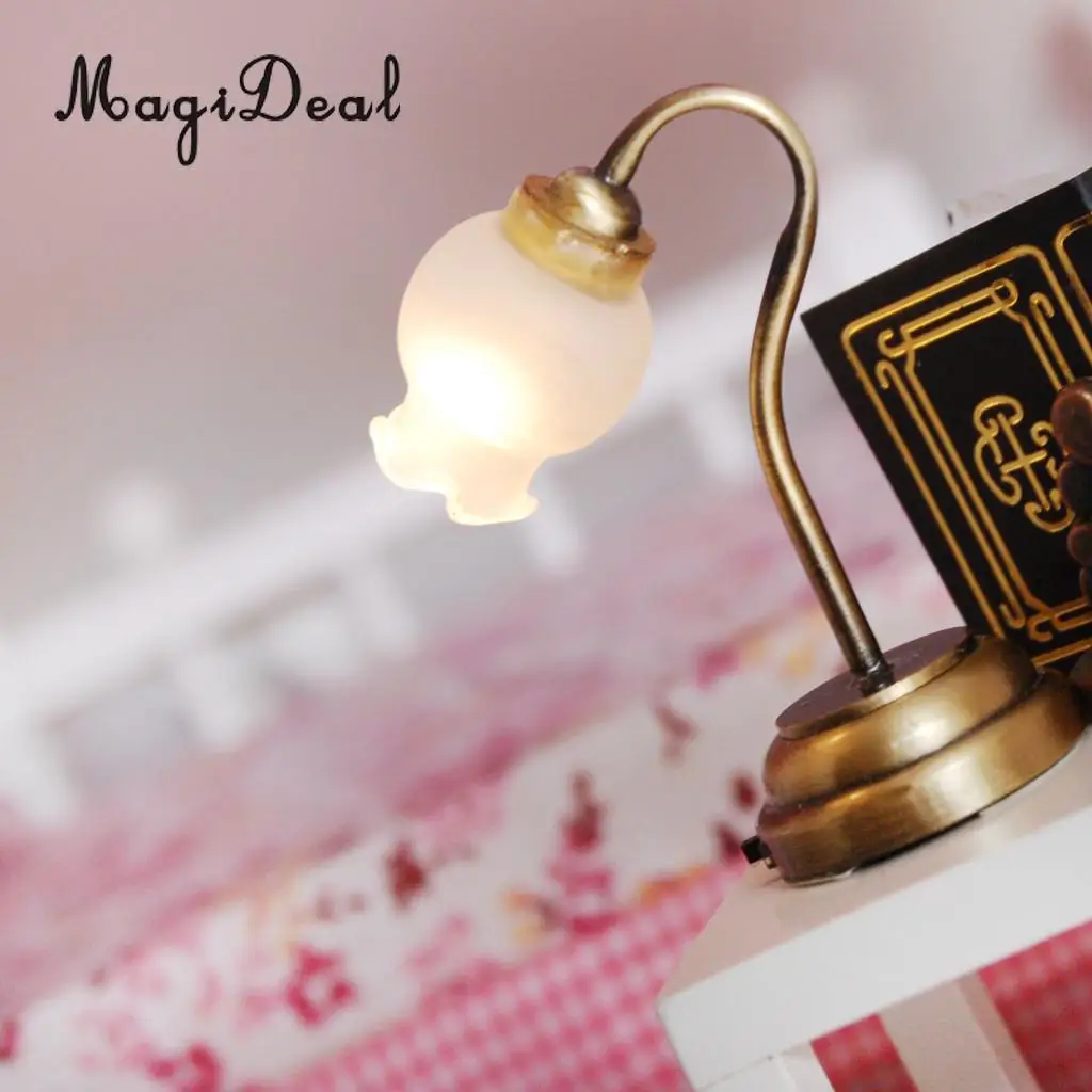 MagiDeal 1Pc 1:12 Metal Dollhouse Miniature  Shape Table Lamp LED Light with Button Battery for Desk Lamp Model Kids Room
