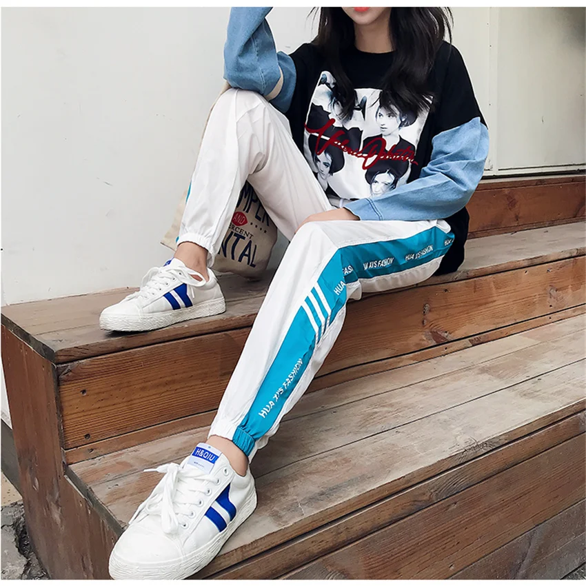 

Pants female plus size letters hip hop loose beam legs Pants lovers Harajuku striped Elastic Waist pants trousers pantalon mujer