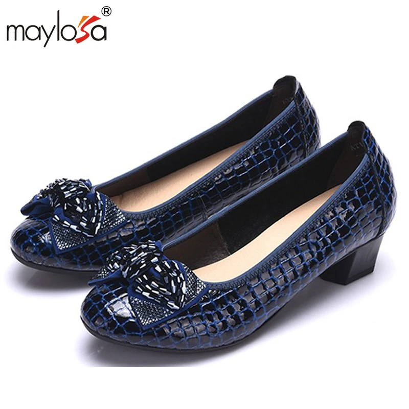 

2016 Fashion Spring Thick Heels Women Pumps Genuine Leather Wedges Work Shoes Woman High Heels Casual Women Shoes