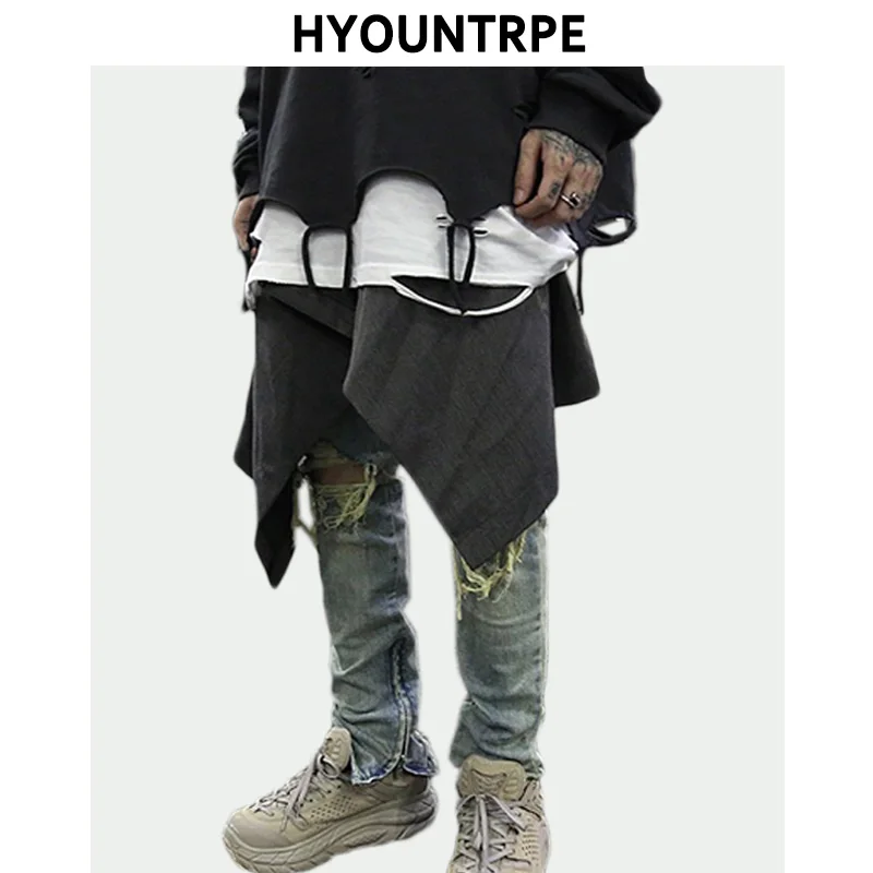 

Harajuku Belted Waist Shirt Mens Hip Hop Shirt Skirt New Casual Punk Waist Decorate Irregular Shirts Solid Color High Streetwear