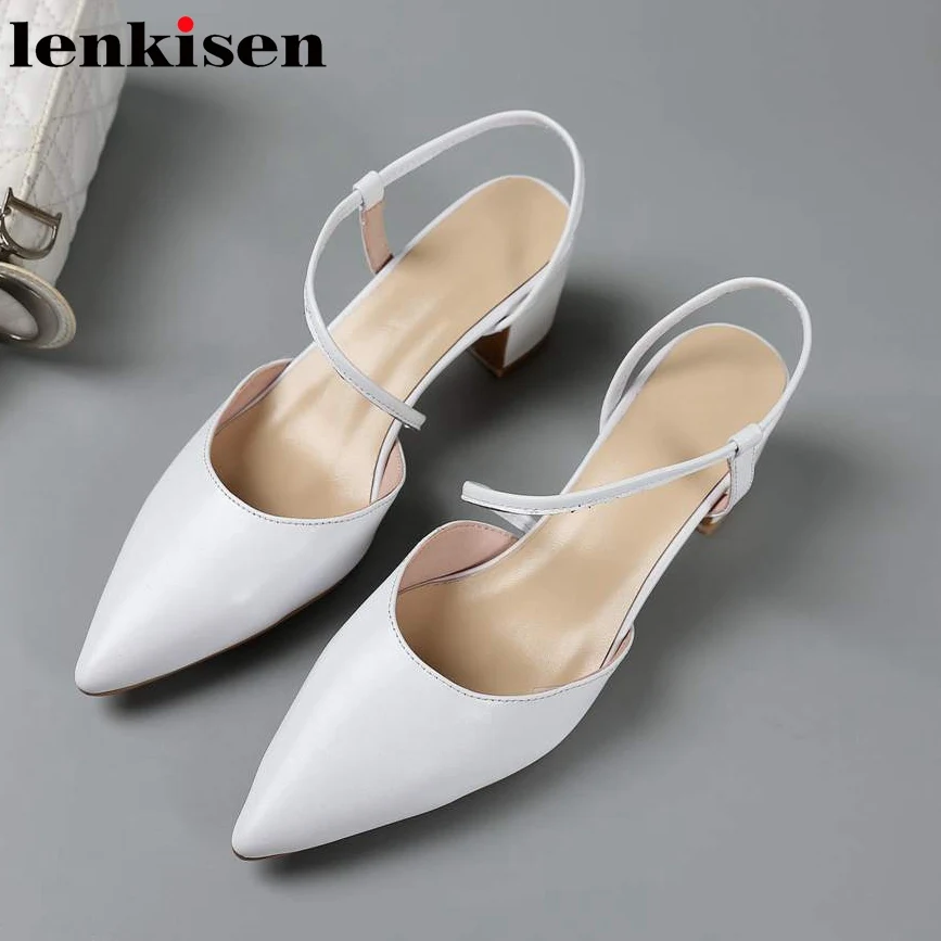 

Lenkisen genuine leather pointed toe nude elastic band shallow pointed toe elegant office lady comfortable ladies solid shoe L90