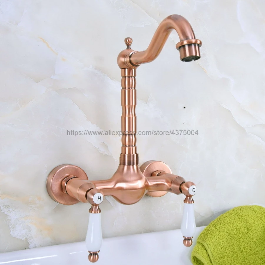 antique-red-copper-bathroom-basin-faucet-wall-mounted-double-handle-swivel-spout-hot-and-cold-mixer-faucet-nnf948