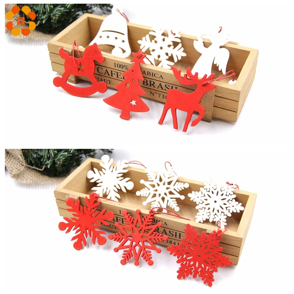 6PCS DIY White&Red Snowflakes Christmas Wooden Pendants Ornaments For Xmas Tree Ornaments Christmas Party Decorations Kids Gift