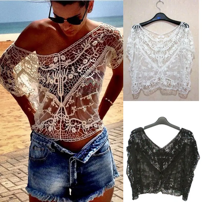 

Sexy Women Cover Up 2018 Hot Lace Hallow Out Floral Ladies Beach Loose Blouse Top Batwing Crochet Lace Tank Top Shirt
