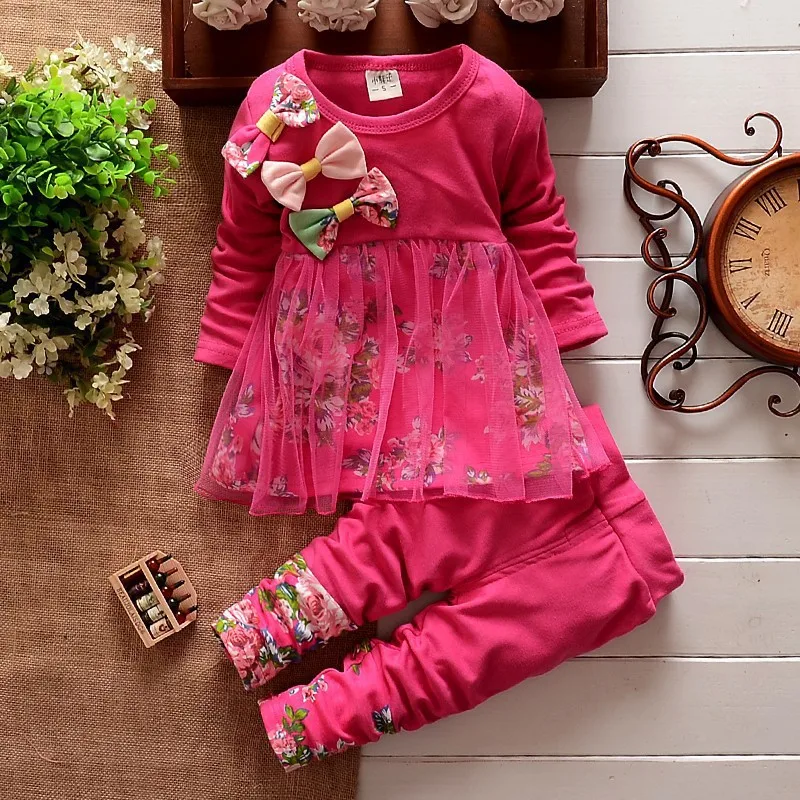 

2019 European And American Spring And Autumn New Girls Set Bow Floral Mesh Long-sleeved Shirt Plus Trousers
