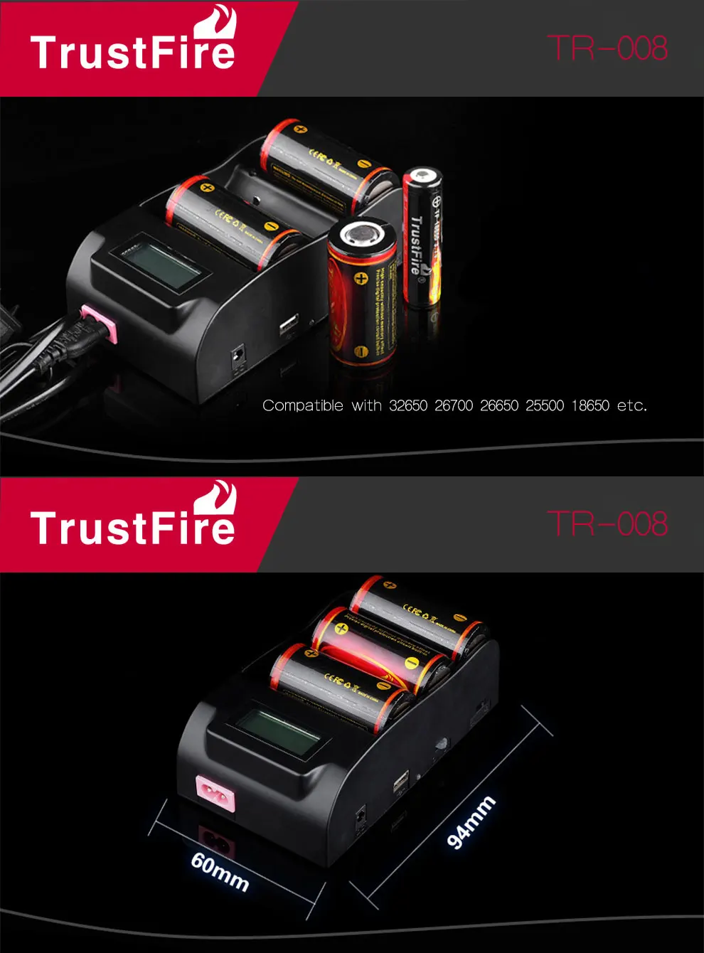 Интеллектуальный Trustfire TR-008 три слота литиевая батарея зарядное устройство для Li 18650 25500 26700 26650 32650