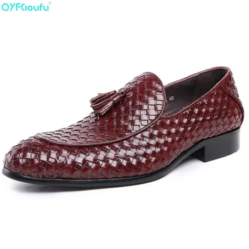 

QYFCIOUFU Luxury Brand Genuine Leather Fashion Men Business Weaving Dress Shoes Oxford Breathable Formal Tassel Wedding Shoes