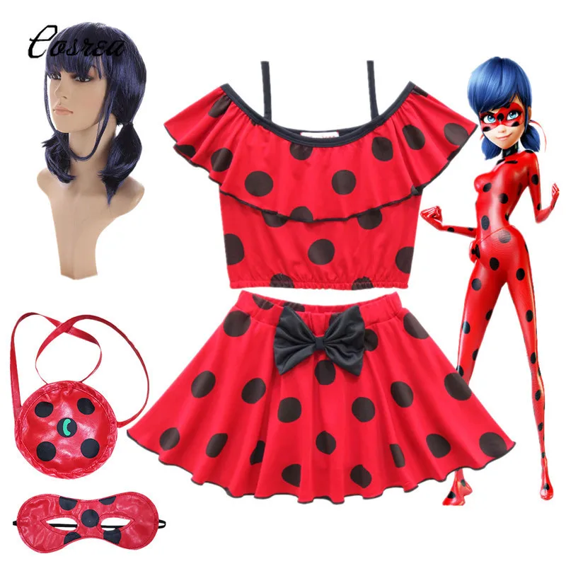 

Anime Lady Bug Costume Swimsuit with Skirt Lady Bug Party Dress Children's Day Lace Dot Baby Girls Dresses Lady Bug Suit