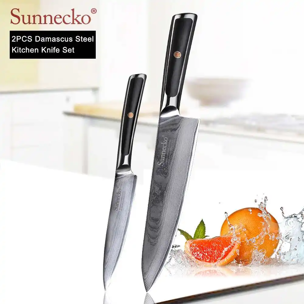 SUNNECKO дамасский нож шеф-повара для очистки хлеба Santoku нож для стейка японский VG10 Сталь G10 ручка для резки мяса набор кухонных ножей - Цвет: 2pcs Set A