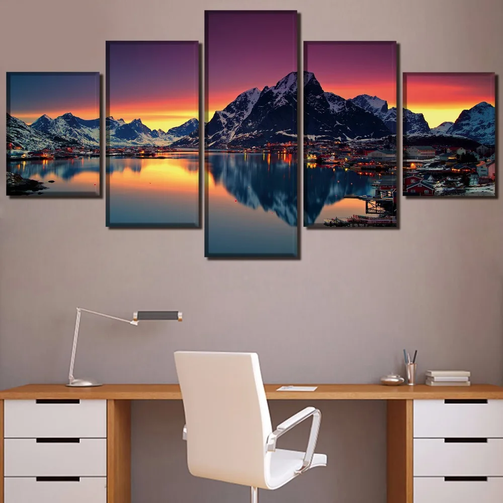 Modern-Printing-Type-Style-Wall-Decor-Poster-5-Panels-Norway-Island-Sunrise-Sea-Mountains-Picture-Canvas