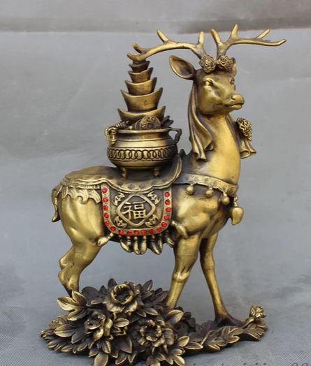 

003649 11"Folk Chinese Pure Bronze Animals Wealth Treasure Bowl On Brass Fu Deer Statue
