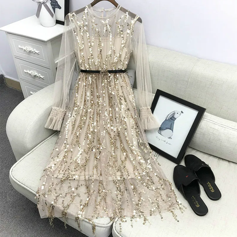 

Winter Spring Korean fashion elegant sexy joker horn sleeve mesh mid-calf new year party sequins dress with belt and tank top