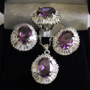 

purple zircon Fine 10-14mm earring ring pendant set Quartz Fine Bridal wide watch wings women queen Luxury Girls Wedding