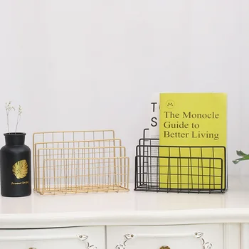 

1Pcs Nordic style Book Holder Golden Iron Art Grid Storage Rack Three Layer Desktop Magazine Shelf Home Organizer Decoration