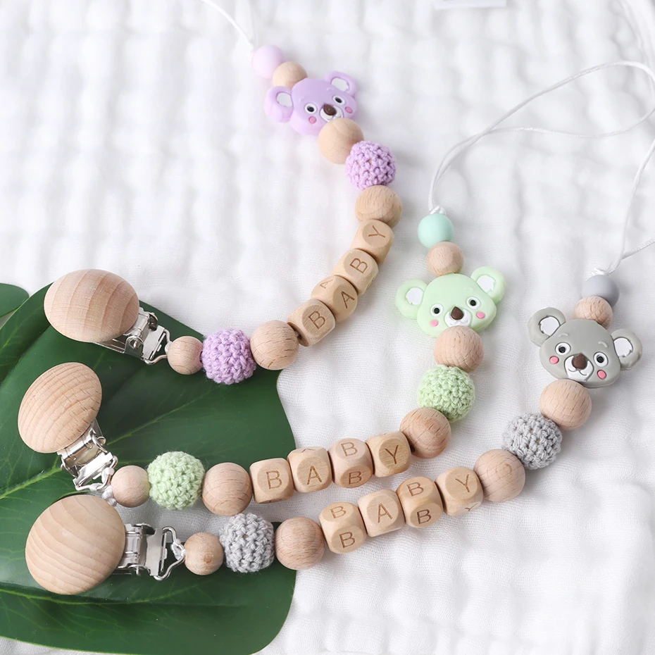 1PC Pacifier Chain Silicone Koala Crown Wooden Beads Binky Clip Customized Baby Name Baby Gifts DIY Baby Pacifier Clip Teether