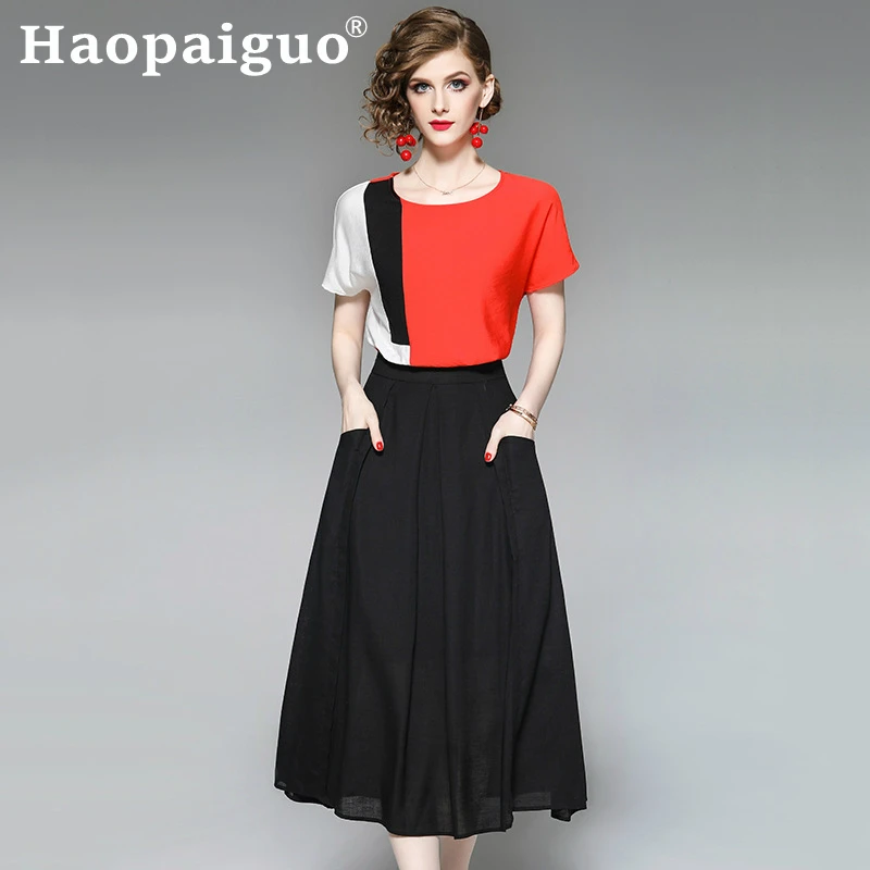 

2019 Summer Women's Two Pieces Set Contrast Blouse and Black Midi Wrap Bodycon Skirt Casual Office Work Suit Set for Women