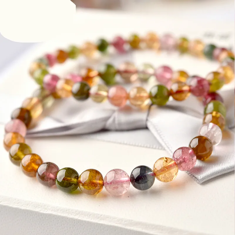 

Female 5-6.5mm Old Mineral Permeable Rainbow Tourmaline Single-ring Crystal Hand String